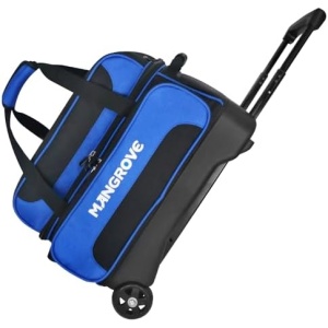 Mangrove 2 Ball Bowling Bag with Wheels, Double Bowling Bags 2 Ball Roller w/Separate Compartment for Bowling Shoes (Up To US Mens Size 15), Accessory Pocket & Retractable Handle (blue)