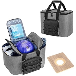 DSLEAF Bowling Ball Bag for Single Ball, Bowling Ball Tote Bag with Wooden Ball Holder and Extra Storage Pockets - Holds Bowling Shoes Up to Mens Size 16