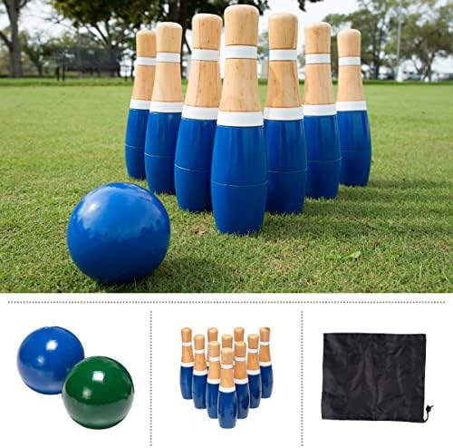 Backyard Lawn Bowling Game – Indoor and Outdoor Family Fun for Kids and Adults – 10 Wooden Pins, 2 Balls, and Mesh Carrying Bag by Hey! Play! (8-Inch), Blue & White 4 Backyard Lawn Bowling Game – Indoor and Outdoor Family Fun for Kids and Adults – 10 Wooden Pins, 2 Balls, and Mesh Carrying Bag by Hey! Play! (8-Inch), Blue & White - Image 4