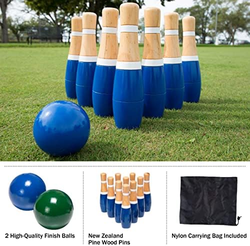 Backyard Lawn Bowling Game – Indoor and Outdoor Family Fun for Kids and Adults – 10 Wooden Pins, 2 Balls, and Mesh Carrying Bag by Hey! Play! (8-Inch), Blue & White 3 Backyard Lawn Bowling Game – Indoor and Outdoor Family Fun for Kids and Adults – 10 Wooden Pins, 2 Balls, and Mesh Carrying Bag by Hey! Play! (8-Inch), Blue & White - Image 3