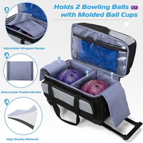 GOBUROS 2 Bowling Ball Roller Bag with Large Shoes Compartment(Up To US Mens Size 16), Bowling Bag with Wheels, Retractable Handle (Extends to 40") and Multiple Functional Organizer Pockets 2 GOBUROS 2 Bowling Ball Roller Bag with Large Shoes Compartment(Up To US Mens Size 16), Bowling Bag with Wheels, Retractable Handle (Extends to 40") and Multiple Functional Organizer Pockets - Image 2