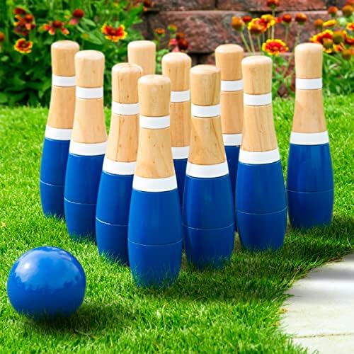 Backyard Lawn Bowling Game – Indoor and Outdoor Family Fun for Kids and Adults – 10 Wooden Pins, 2 Balls, and Mesh Carrying Bag by Hey! Play! (8-Inch), Blue & White 5 Backyard Lawn Bowling Game – Indoor and Outdoor Family Fun for Kids and Adults – 10 Wooden Pins, 2 Balls, and Mesh Carrying Bag by Hey! Play! (8-Inch), Blue & White - Image 5