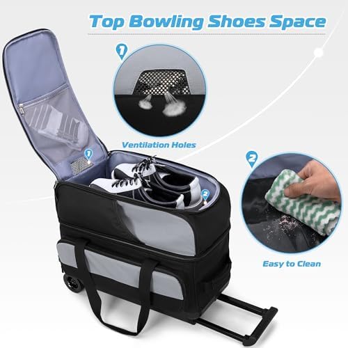 GOBUROS 2 Bowling Ball Roller Bag with Large Shoes Compartment(Up To US Mens Size 16), Bowling Bag with Wheels, Retractable Handle (Extends to 40") and Multiple Functional Organizer Pockets 3 GOBUROS 2 Bowling Ball Roller Bag with Large Shoes Compartment(Up To US Mens Size 16), Bowling Bag with Wheels, Retractable Handle (Extends to 40") and Multiple Functional Organizer Pockets - Image 3