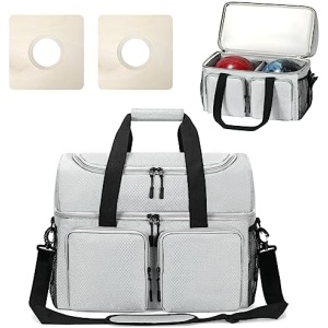 Aleemin Bowling Bag for 2 Balls, Bowling Ball Tote Bag with 2 Wooden Bowling Cups, Multi-Pockets Bowling Ball Bag Fits Bowling Shoes Up to Mens Size 14, Bowling Ball Bag with Shoulder Strap & Divider