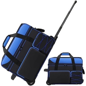 Aleemin Double Roller Bowling Bag with Shoes Compartment, Large Capacity Bowling Ball Bag with Multi-Pockets for 2 Bowling Ball and Accessories, 2 Ball Bowling Bag with wheels & Retractable Handle