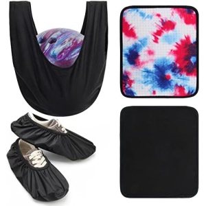 Anglekai 4 Pack Bowling Ball Accessory Kit, 2Pcs 10"x8" Bowling Ball Towels/Bowling Seesaw Bag/Bowling Shoe Protector Covers, Non-Slip Bowling Polisher Bag for Clean/Storage Bowling Ball Shammy