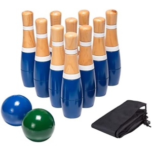 Backyard Lawn Bowling Game – Indoor and Outdoor Family Fun for Kids and Adults – 10 Wooden Pins, 2 Balls, and Mesh Carrying Bag by Hey! Play! (8-Inch), Blue & White