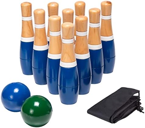 Backyard Lawn Bowling Game – Indoor and Outdoor Family Fun for Kids and Adults – 10 Wooden Pins, 2 Balls, and Mesh Carrying Bag by Hey! Play! (8-Inch), Blue & White 1 Backyard Lawn Bowling Game – Indoor and Outdoor Family Fun for Kids and Adults – 10 Wooden Pins, 2 Balls, and Mesh Carrying Bag by Hey! Play! (8-Inch), Blue & White