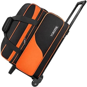 Bowling Ball Bag 2 Ball with Wheels, Padded Divider & Ball Cup Holder for 2 Ball, Large Seperate Compartment for Bowling Shoes & Bowling Tools or Accessories, Retractable Handle Extend to 40.5" Long