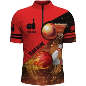 Bowling Shirt for Men Custom Name Team Name Quarter Zip Bowling Jersey 3D Bowling Team Shirt for Men | Black Blue