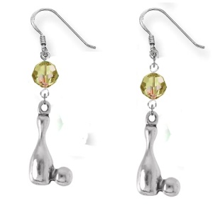 Dangle or drop earrings handmade in the USA (Bowling Pin and Ball with Glass Crystal Earrings)