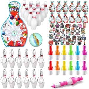 Deekin Bowling Party Favors 12 Pack Bowling Pin Keychain 12 Pcs Bowling Ballpoint Pen 12 Pack Mini Bowling Game Set 50 Pcs Bowling Stickers Bowling Party Favors Goodie Bag Fillers and Small Prizes