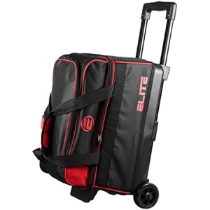 Elite Basic Double Roller 2 Ball Bowling Bag with Wheels | Large Top Pocket for Accessories or Bowling Shoes up to size 15 | Retractable Handle Extends to 37"