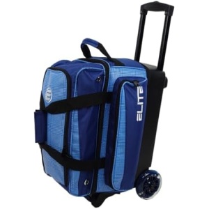 Elite Deluxe 2 Ball Bowling Bag with 5" smooth wheels, Large Accessory pocket - Separate Compartment holds 1 pair of shoes up to US size 15 men - 36" extendable handle double roller