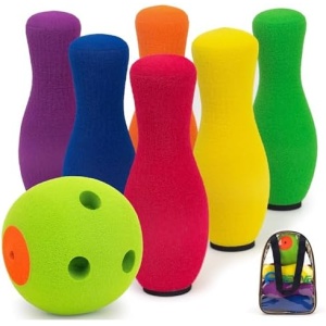 FOREVIVE Kids Bowling Set Indoor Outdoor Toy Bowling Set， Soft Bowling Games，Educational Birthday Gifts for Boys Girls Ages 3 4 5 (6 Pins and 1 Ball)