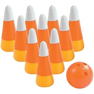 Fun Express Candy Corn and Pumpkin Bowling Set - Elevate Your Halloween Bash with 11-Piece Candy Corn Bowling Set - Unbreakable Plastic Bowling Pins & Ball for Worry-Free Play - Fall Fun for All Ages