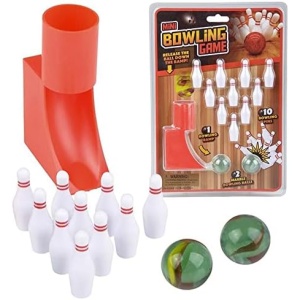 Gamie Mini Bowling Set for Kids, Desktop Bowling Game with Pins, Ramp, and Marble Bowling Balls, Unique Office Desk Toys and Travel Games for Kids and Adults, Great Bowling Gift Idea