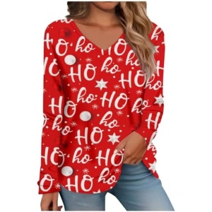 Holiday Tunic Tops for Women V-Neck Long Sleeve Snowflake Shirts Flowy Loose Fit Pullover Casual Christmas Tees