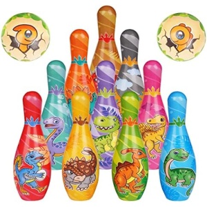 IWUTEFET Kids Dinosaur Bowling Toys Set - Soft Foam 10 Pins and 2 Ball with Number - Fun Eductional Games Indoor Outdoor Bowling Set for Children Boy Girl Learning Development Party Favor Gifts