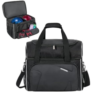 Jaffzora Bowling Ball Bag, 2 Balls Bowling Bag with Ball Holder, Fits a Single Pair of Bowling Shoes Up to Size 16 for Men, Black