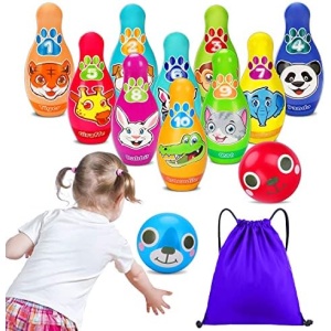 Kids Bowling Set Toddler Toys for 2 3 4 Year Old Boy Girl Birthday Gifts Soft Foam Bowling Pins with Storage Bag Animal Number Learning Activities Indoor Outdoor Games Outside Toys Age 1-3 2-4 Easter