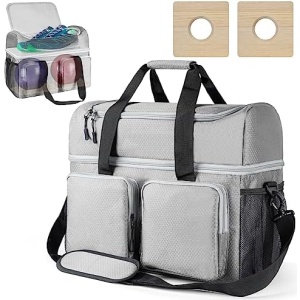 Large Bowling Bag for 2 Balls丨Bowling Tote Bag with 2 Wooden Board Fixed Ball Holder丨Hand or Shoulder Carry 丨Bowling Tote Bag Fits 1 Pair Men Size 16 Bowling Shoes (Bowling Ball Not Included)