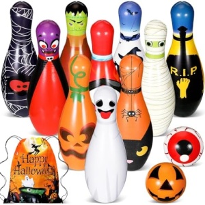 Liliful 13 Pcs Halloween Bowling Set Include 10 Colorful Soft Foam Pins 2 Bowling Ball Printed with Number 1 String Bag for Girl Boy Kids Toddler Outdoor Indoor Events Birthday Party Supplies Gift