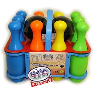 Matty's Toy Stop 10 Pin Multi-Color Deluxe Plastic Bowling Set for Kids with Storage Rack - 12 Pieces Total (10 Pins & 2 Bowling Balls)