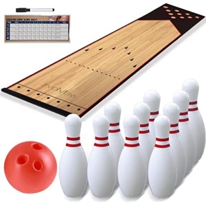 Mini Kids Bowling Set – Bowling Pins & Ball Game Set – Full Bowling Alley Games Toys & Score Cardfor Kid Age 5+ & Adult – Home Indoor Outdoor Backyard Lawn Yard (10 Pins, 1 Ball, 1 Lane Mat)