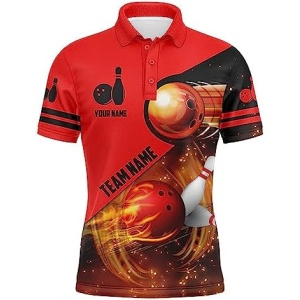 Personalized Bowling Shirt, Bowling Shirts for Men, Custom Red Flame Bowling Men Polo Team Polo Shirts Flaming Bowling Ball, Bowling Shirts for Women, Mens Bowling Shirts, Bowling Gifts for Men Women