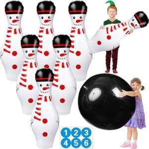 Poen 7 Pieces Christmas Giant Inflatable Bowling Set, Including 6 Pieces 27 Inches Snowman Pins and a 24 Inches Ball with Stickers for Outdoor Games Party Adults Yard Indoor Birthday Family Boys Girls