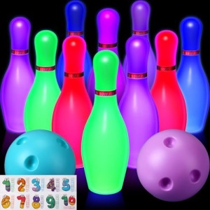 Poen Light Up Kids Bowling Set 10 Pins with 2 Balls Bowling Pins Toy Set Glow in Dark Indoor Outdoor Bowling Set for Fun Backyards Games Children Kids Girls Boys