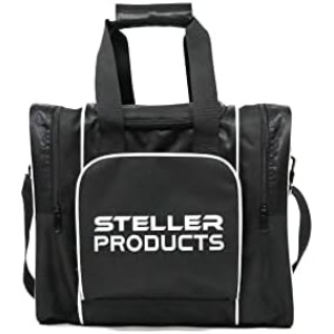 STELLER PRODUCTS Bowling Ball Bag - Single Tote Bag With Padded Cup Ball Holder, Shoulder Straps, Metal Hardware & 4 Anti-Slip Bases - Fit Two Pairs of Bowling Shoes Up to Men 15 & Accessories – Black