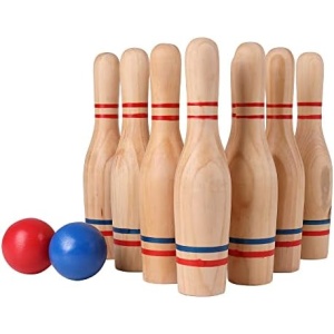STERLING Sports Premium Wooden Lawn Bowling Skittles Set 11" Pins with Carrying Mesh Bag - 10 Heavy Solid Wooden Pins and 2 Balls - for Indoors and Outdoors