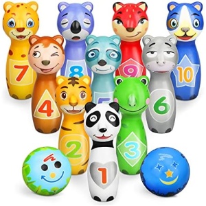 Sanlebi Kids Bowling Set - Soft Foam 10 Pins and 2 Ball with Cute Animals Number Indoor Outdoor Play Game Educational Bowling Toys for Boys Toddlers