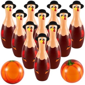 Shappy 12 Pcs Thanksgiving Turkey Bowling Set Including 10 Foam Pins with Black Hat 2 Balls for Girl Kid Boy Indoor Outdoor Holiday Birthday Party Activity Gift Supplies, Fit Children Aged 4-12