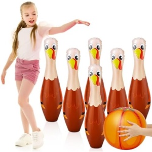 Shappy Thanksgiving Lawn Bowling Game Turkey Bowling Set with 6 Inflatable Pins and 1 Inflatable Ball Indoor Outdoor Bowling Toys for Garden Fall Holiday Birthday Festival Party Gift