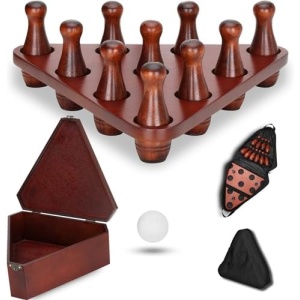Shuffleboard Bowling Pin Set with 10 Pcs Premium Hardwood Bowling Pins Durable Triangular Pinsetter Resin Bowling Ball and Carrying Bag,with Deluxe Storage Box,Fun for Shuffleboard Games