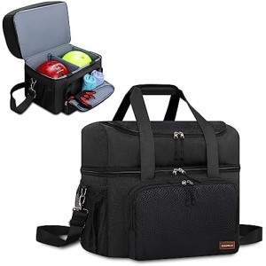 Skureay Bowling Ball Bag for 2 Ball, Bowling Tote Bag Double Layer with Wooden Bowling Holder and Separate Shoe Compartment - Fits Bowling Shoes Up to Mens Size 16 and Extra Accessories