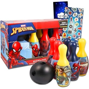 Spiderman Bowling Games Activities Bundle for Toddlers, Kids - 3 Pc Marvel Superhero Bowling Set with Stickers, and More (Spiderman Playset)