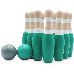 Sterling Sports Wooden Lawn Bowling 9" Skittles Set with Carrying Mesh Bag for Indoors and Outdoors - 10 Wooden Pins and 2 Balls, Green/Turquoise and Gray