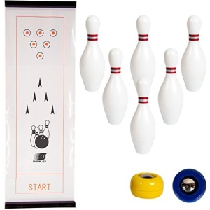Sunflex Table Top Mini Indoor Sports Games - Choice of Bowling, Curling, or Shuffleboard - Kids and Adults Party Game - Easy To Transport - Includes 1 Drawstring Storage Bag and Sliding Storage Box