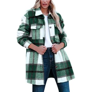 TTBDWiian Plaid Long Shacket For Women 2023 Casual Lapel Long Sleeve Button Down Flannel Shirt Coats With Pockets Fall Clothe
