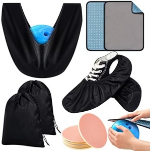 Tatuo 12 Pcs Bowling Accessories Kit 2 Pcs 10 x 8 Inch Microfiber Bowling Towel Bowling Shoe Covers Non Slip Bowling Seesaw Bag 2 Bowling Drawstring Bags 6 Bowling Sanding Pad for Ball Clean