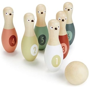 Tender Leaf Toys - Birdie Skittles - Kids Bowling Set - 6 Solid Wood Bowling Pins, Ball and Storage Bag - Fun Physical Learning for Toddler - Develop Hand-Eye Coordination and Numeracy Skills - Age 3+
