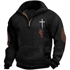 UNSERE Mens Quarter Zipper Pullover Fashion Stand-Up Simple Solid Cross & Flag Prined Sweatshirt Autumn Casual Baggy Tops