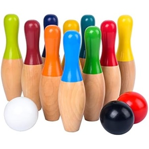 WODI Wood Bowling Backyard Games Wooden Pins Balls,and Mesh Carrying Bag Educational Games Indoor and Outdoor Toys Family Fun for Kids Toddlers and Adults