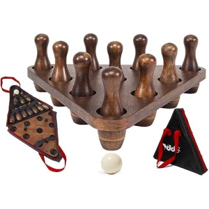 YDDS Shuffleboard Bowling Pin Set with 10 Pcs Premium Hardwood Bowling Pins Durable Triangular Pinsetter Resin Bowling Ball and Carrying Bag, Fun for Shuffleboard Games