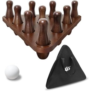 ZGDQ Shuffleboard Bowling Pin Set,Shuffleboard Table Bowling Pin Set Include 10 Pcs Hardwood Bowling Pins,Durable Triangular Pinsetter Resin Bowling Ball & Carrying Bag