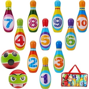 dmsbuy Hand-Eye Coordination Bowling Toys, Activity Center Fine Motor Toy for 6-12-18 Months Old Boys Girls Outside/Indoor Games 10 Bowling Pins and 2 Balls Birthday Party Gift for Kids
